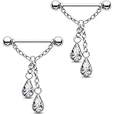 CM Crareesi Mania Chain Nipple Ring & Barbells - 316L Stainless Steel, 14G Silver Dangle Nipple Piercing Jewelry