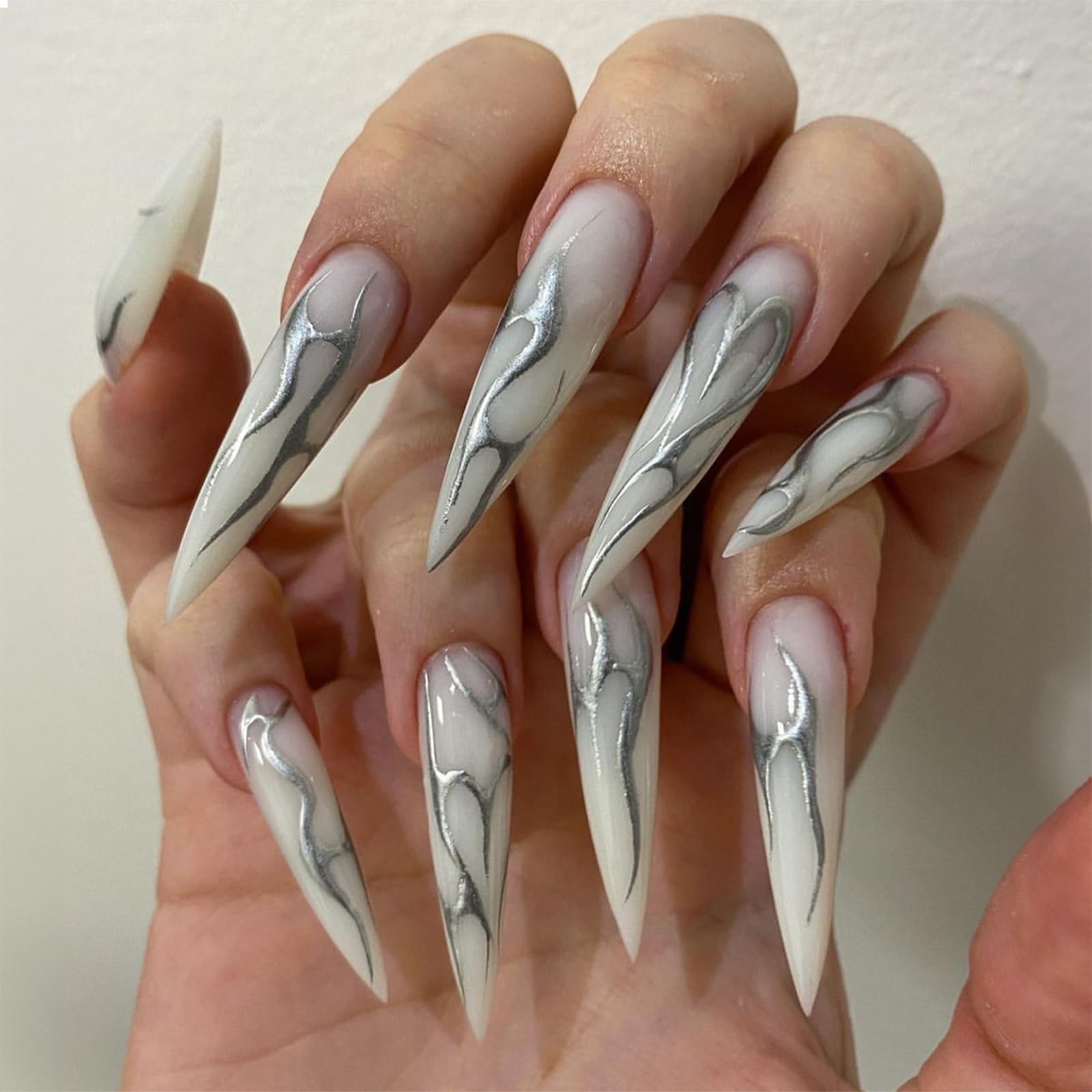 GlamRays Long Stiletto Press on Nails False Nails Shiny Black Goth Acrylic Nails Almond Punk Silver Swirl Arificial Nails Sharp White False Nails 24 Pieces