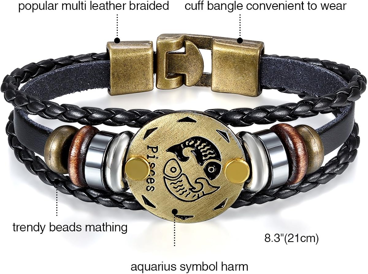 Oidea Mens Womens Punk Multi-Layer Pisces Zodiac Signs Constellation Astrology Braided Leather Cuff Bracelet,Black - Image 3
