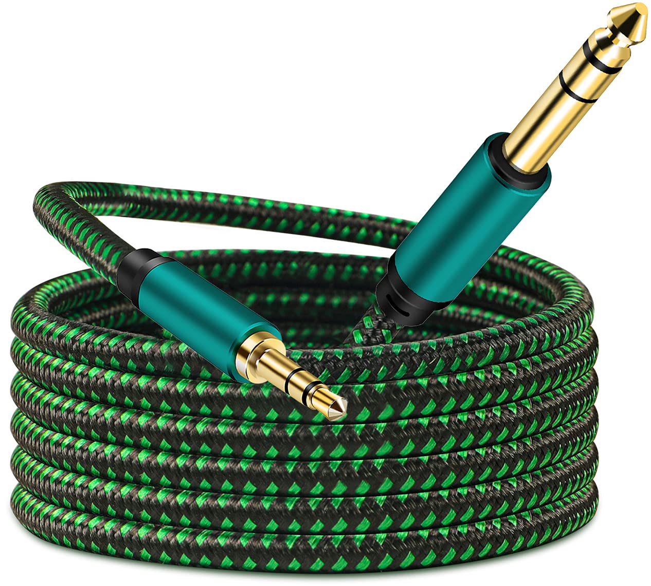3.5mm to 6.35mm TRS Stereo Audio Cable, Gold-Plated Terminal green Color Zinc Alloy Housing 3.5mm 1/8" Male TRS to 6.35mm 1/4" Male TRS Nylon Braided Stereo Audio Cable for Cellphone and More (3M)