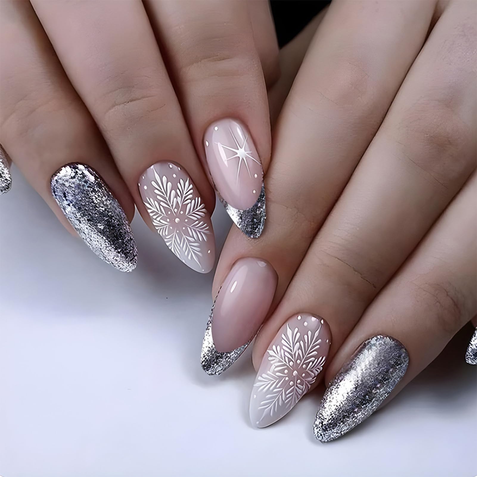 NICENEEDED 24 Pcs Medium Almond Fake Nails, Christmas Press on Nails, Silver Glitter False Nails With Snowflake Design French Tips Stick on Nails Full Cover Acrylic Nail for Women — image 1
