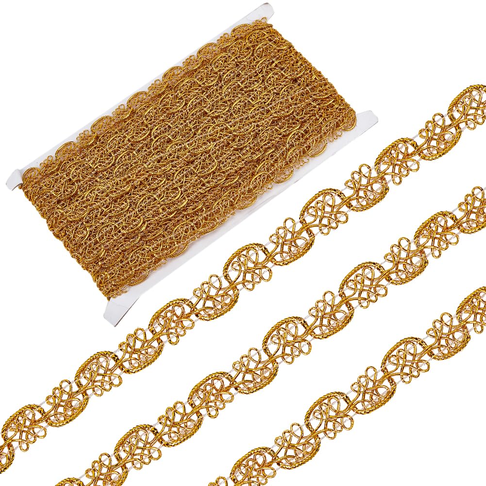 GORGECRAFT 13.5m Metallic Braided Lace Ribbon 13.5mm Yarn Gold Gimp Trim Decorated Polyester Flat Trim Strip Curve Venice Edge Craft Sewing Lace Garment Embellishments for Wedding Bridal Costume