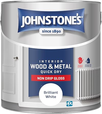 Johnstone's Wood & Metal Paint Gloss White 2.5L Water Based Quick Dry