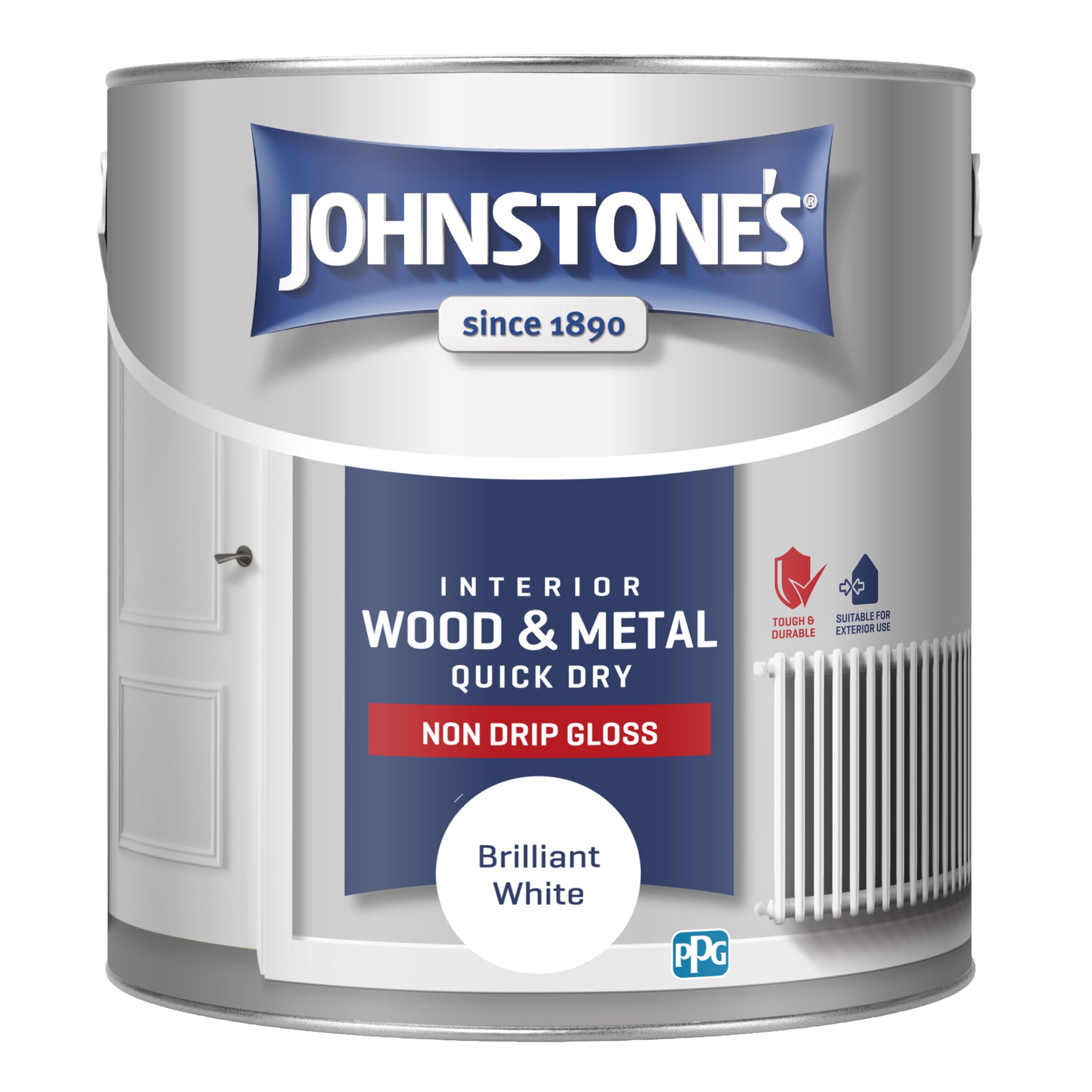 Johnstone's - Wood & Metal Paint - Gloss Finish - Brilliant White - 2.5l - Water Based - Non Drip & Quick Drying - Radiator Paint - Low Odour - Dry in 1-2 Hours - 8m2 Coverage per Litre