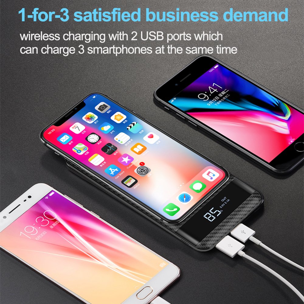 Qi Protable Wireless Charger, iBazal 10000mAh Fast Charging Power Bank with LED Digital Display External Battery Pack 2 in 1 for iPhone X, iPhone 8, 8 Plus, Samsung Galaxy S8, S8 Plus
