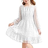 Arshiner Girls Dresses Long Sleeve Square Neck Swiss Dot Flowy Casual Party Dress