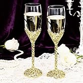 Jozen Gift Gold Champagne Flutes -His and Hers,Wedding Toasting Glasses for Wedding,Engagement Celebrations, Bridal Shower and Registry Idea,Wine Glasses for Bride and Groom Gifts,7oz (Light Glod)