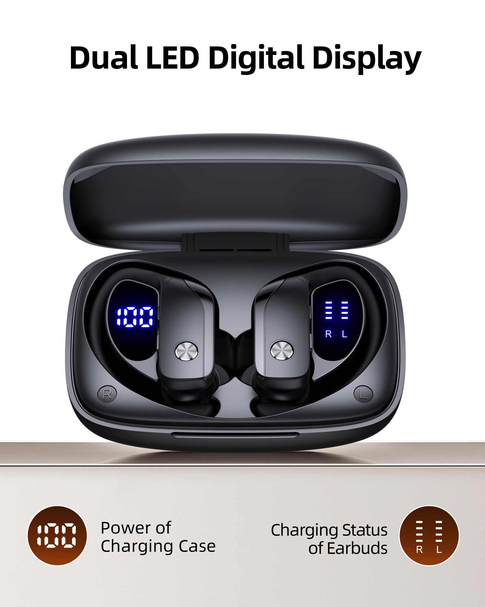 bmani Wireless Earbuds Bluetooth Headphones 80hrs Play Back Sport Earphones with LED Display Over-Ear Buds with Earhooks Built-in Mic Headset for Workout Black