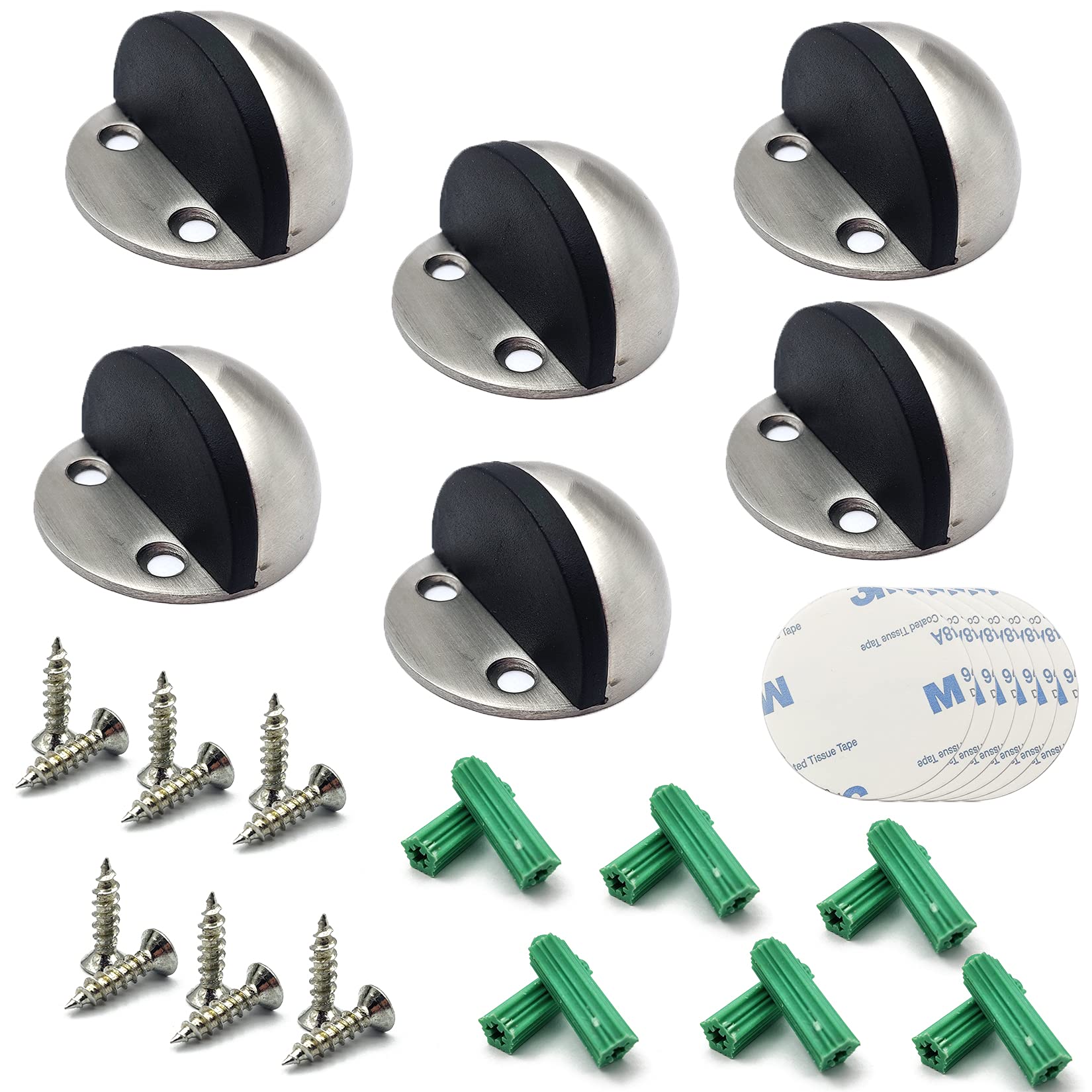 6 Pieces Floor Mounted Door Stops, Stainless Steel Floor Door Stoppers Floor Wall Mounted, Oval Metal Door Stops Stoppers with Screws and 3M Adhesive Glues Stickers for Walls, Doors…