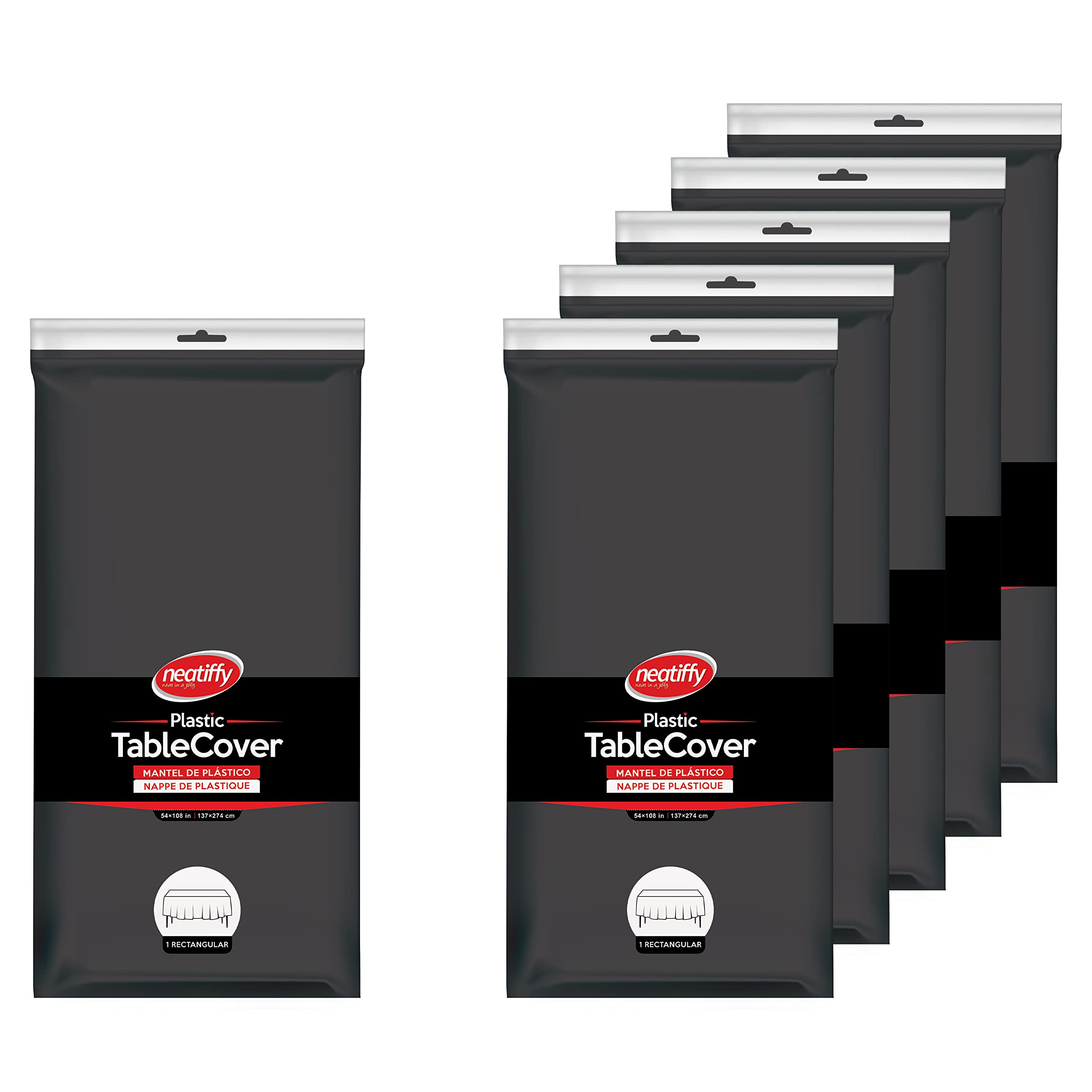 Neatiffy 54 x 108 Inch 6 Pack Rectangle Plastic Table Cloth Picnic/Party/Banquet Table Cover. Disposable/Reusable Tablecloths (Black)