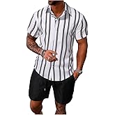GORGLITTER Men's Vacation Outfits Striped 2 Piece Button Down Shirts and Shorts Summer Beach Set