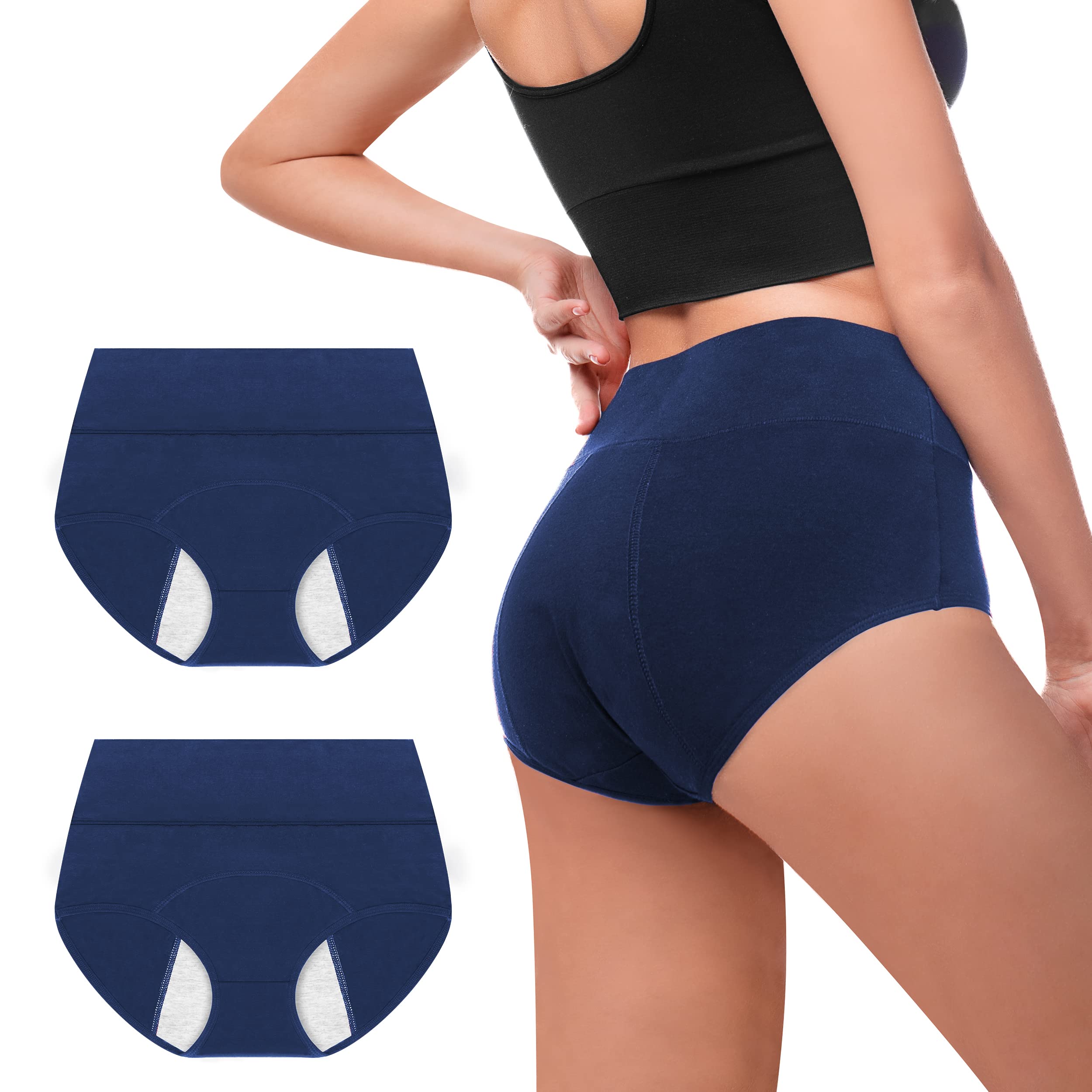 Walifrey Period Pants, Menstrual Underwear for Women, Cotton Knickers Multipack with Leakproof Crotch for Heavy Flow Extra Protection L 2pack Navy Blue