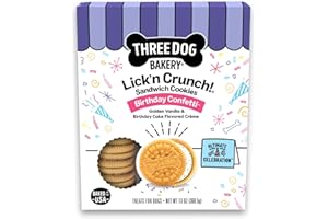 Three Dog Bakery Birthday Confetti Lick’n Crunch Dog Treats, Vanilla Sandwich Cookies with Cake-Flavored Crème Filling & Sprinkles, Oven-Baked Birthday Dog Cookies for Everyday Celebrations, 13 oz
