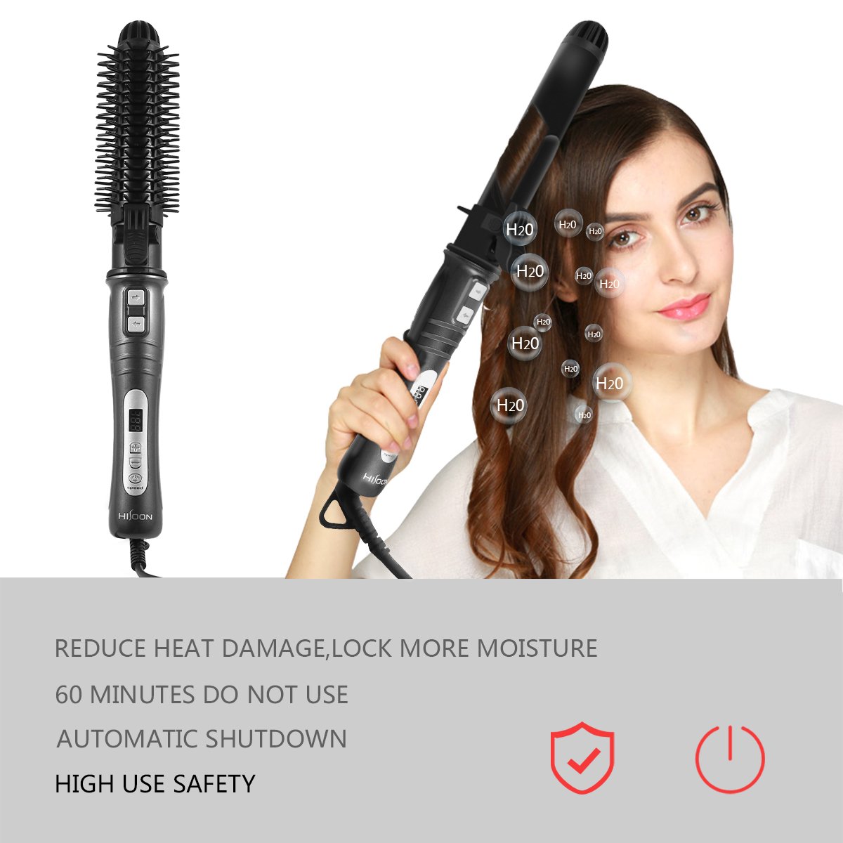 HISOON Professional Curling Iron Brush, 1.25 inch Automatic Curling Iron 2 in 1 Dual Voltage Ceramic Tourmaline Hair Curler Hot Brush, Anti-Scald Instant Heat Up Curling Wands Black