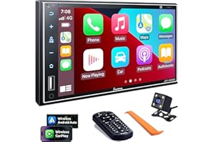 SJOYBRING Double Din Car Stereo with Wireless Apple Carplay, Android Auto, 7 Inch Full HD Capacitive Touchscreen - Bluetooth, 4-Channel RCA, High Power, Subwoofer, Backup Camera, Steering Wheel, FM/AM Car Radio