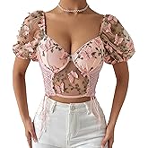 RARITYUS Women Sexy Floral Embroidery Mesh T-Shirt Tulle Short Sleeve See Through Crop Tops