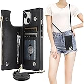 Bocasal Crossbody Wallet Case for iPhone 15 with RFID Blocking Card Slot Holder, Magnetic Flip Folio Purse Case, PU Leather Zipper Handbag with Detachable Lanyard Strap 6.1 Inch 5G (Black)