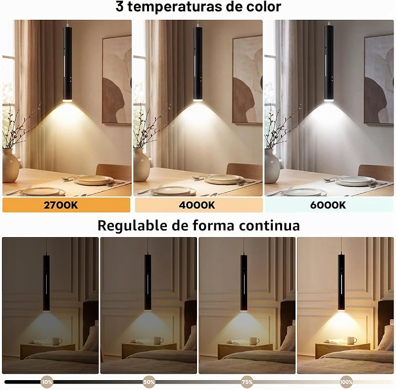 Lámpara Colgante con Bateria, Lámparas Colgantes LED Modernas Diseño, Luz inalámbrica, Recargable USB 5000mAh y Mando a Distancia, Para Cocina, Comedor, Dormitorio, Salón (Negro-2) — foto 2 de 7