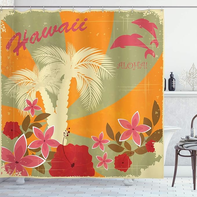Ambesonne Hawaiian Shower Curtain, Aloha Vintage Print