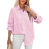 LEMAFER Women's Smocked Cuffed Stripe Boyfriend Button Down Shirts 2025 Collared Ruffle Sleeve Casual Top with Pockets