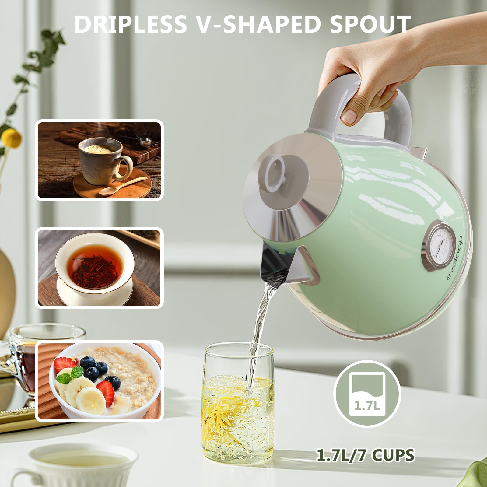 Evoloop Electric Tea Kettle, 1500W /1.7 Liter Hot Water Boiler Heater Pot, Retro Electric Kettle with Thermometer, Auto Shut-Off & Boil-Dry Protection, BPA Free,Stainless Steel Teapot