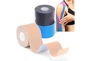 GTAGKOMMEN (3 Pack) Kinesiology Tape for Physical Therapy Sports Athletes–Latex Free Elastic Kinetic Tape 16ft Water Resistant Kinetic Uncut Sport Tape for Knee Pain, Shoulder Muscle & Elbow(Black+Blue+Beige)