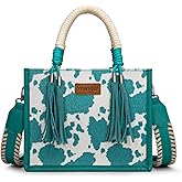 Montana West Wrangler Tote Bag Cow Print Western Satchel Bags for Women with Braided Rope Handle