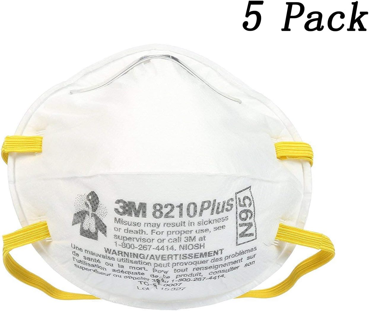 3M Standard N95 8210 Disposable Particulate Respirator With Adjustable Nose Clip - Meets NIOSH And OSHA Standards 5 PC
