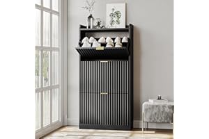 SINROM Fluted Shoe Cabinet with 3 Flip Drawers, Narrow Shoe Storage Cabinet for Entryway, Freestanding Shoes Rack Organizer Cabinets with Adjustable Shelves for Entryway, Hallway