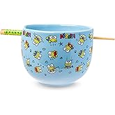 Silver Buffalo Sanrio Hello Kitty and Friends Keroppi Fishing and Doodling Ceramic Ramen Noodle Rice Bowl with Chopsticks, Microwave Safe, 20 Ounces