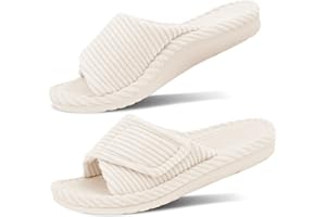 GRITHEIM Women's Orthopedic Arch Support Slippers Fuzzy Adjustable Orthotic Slippers for Plantar Fasciitis Ladies Furry Supportive Corduroy Memory Foam Open Toe Gift Slide