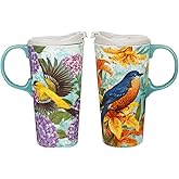 TZSSP Ceramic Coffee Mug Set-Handle & Lid,Travel Mug for Porcelain,17 oz,Tall Tea Mug for Home & Office, Hummingbird Art Pattern Mug in Gift Box, 6.5''H