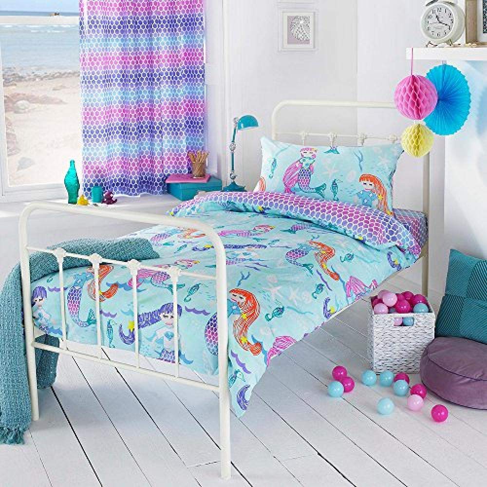 Riva Paoletti Kids Mermaid Toddler Duvet Cover Set - Multicolour Blue - Reversible Underwater Mermaid Design - 1 X Pillowcase Included - Polycotton - Machine Washable - 120 X 150Cm (47" X 59" Inches)