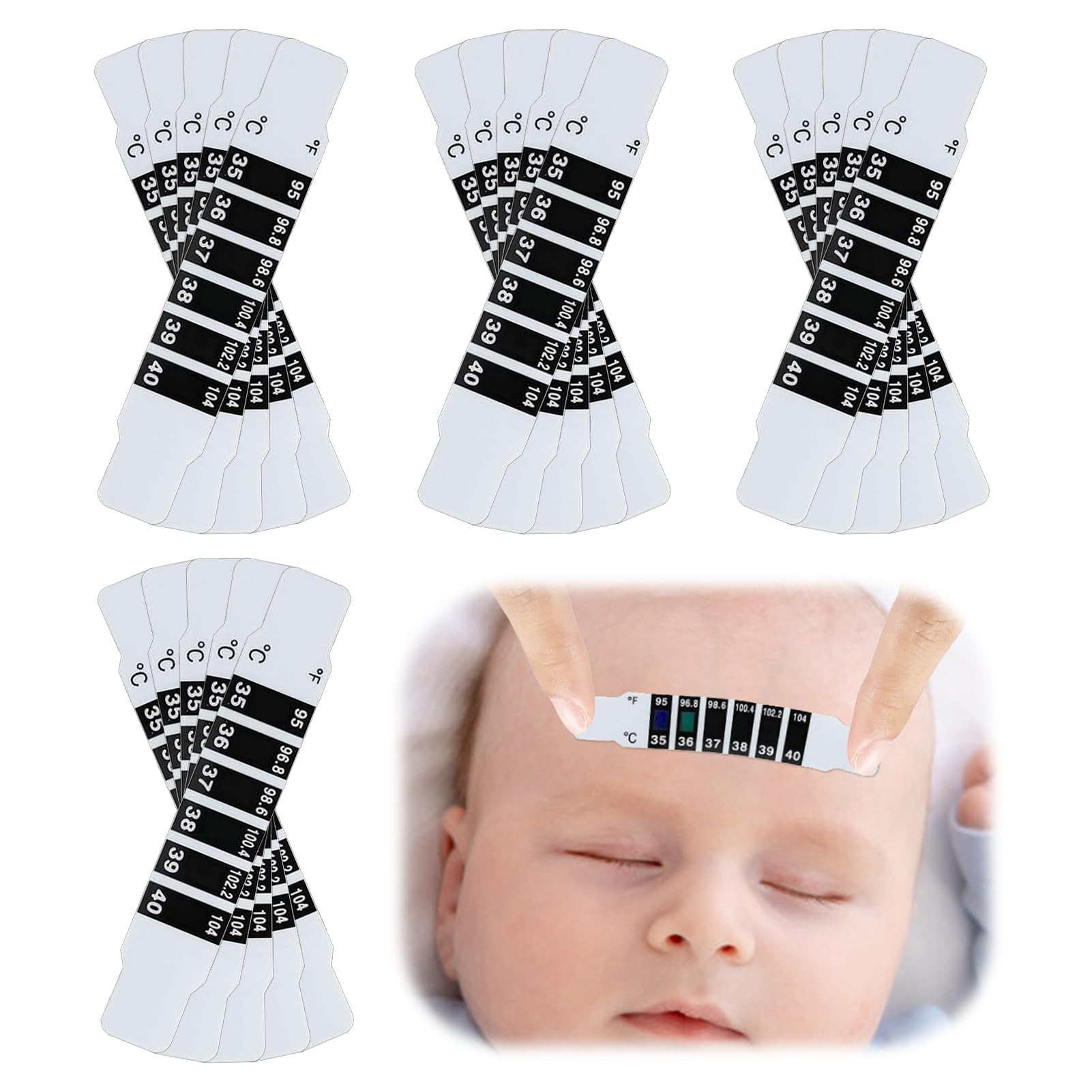 IBEIKE Forehead Thermometer Strips - 20 PCS Quick Read Reusable Forehead Head Strip Thermometers Indicator with Liquid Crystal Display, Fever Body Test for Infants Babies Toddlers Kids Elderly