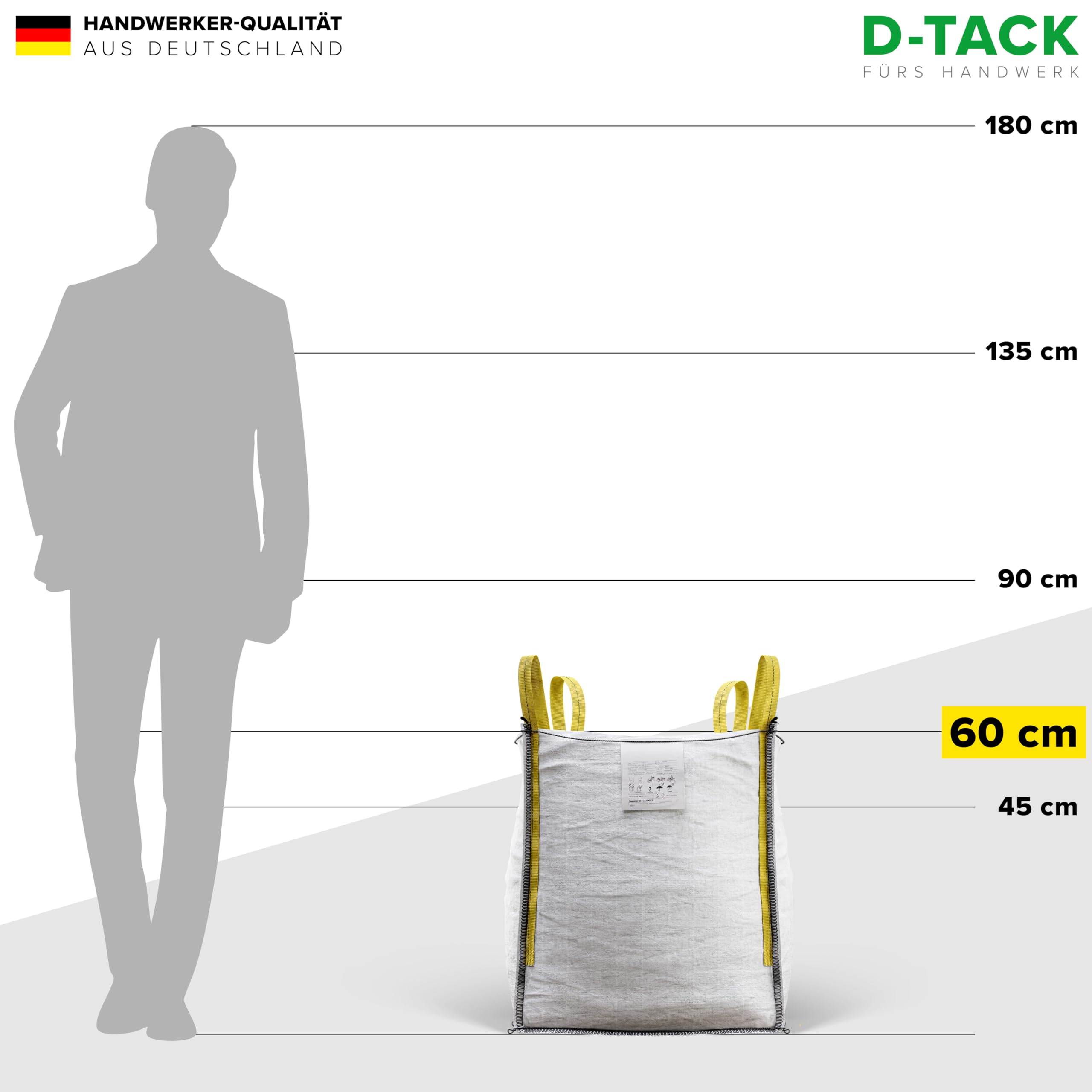 D-TACK 1x Big Bag | 45 x 45 x 60 cm | Säcke für Bauschutt, Holz, Laub, Kies, Sand, Erde, Gartenabfall, Grünschnitt, Pellets | 4 praktische Trageschlaufen | 500 kg | Witterungsbeständig 6