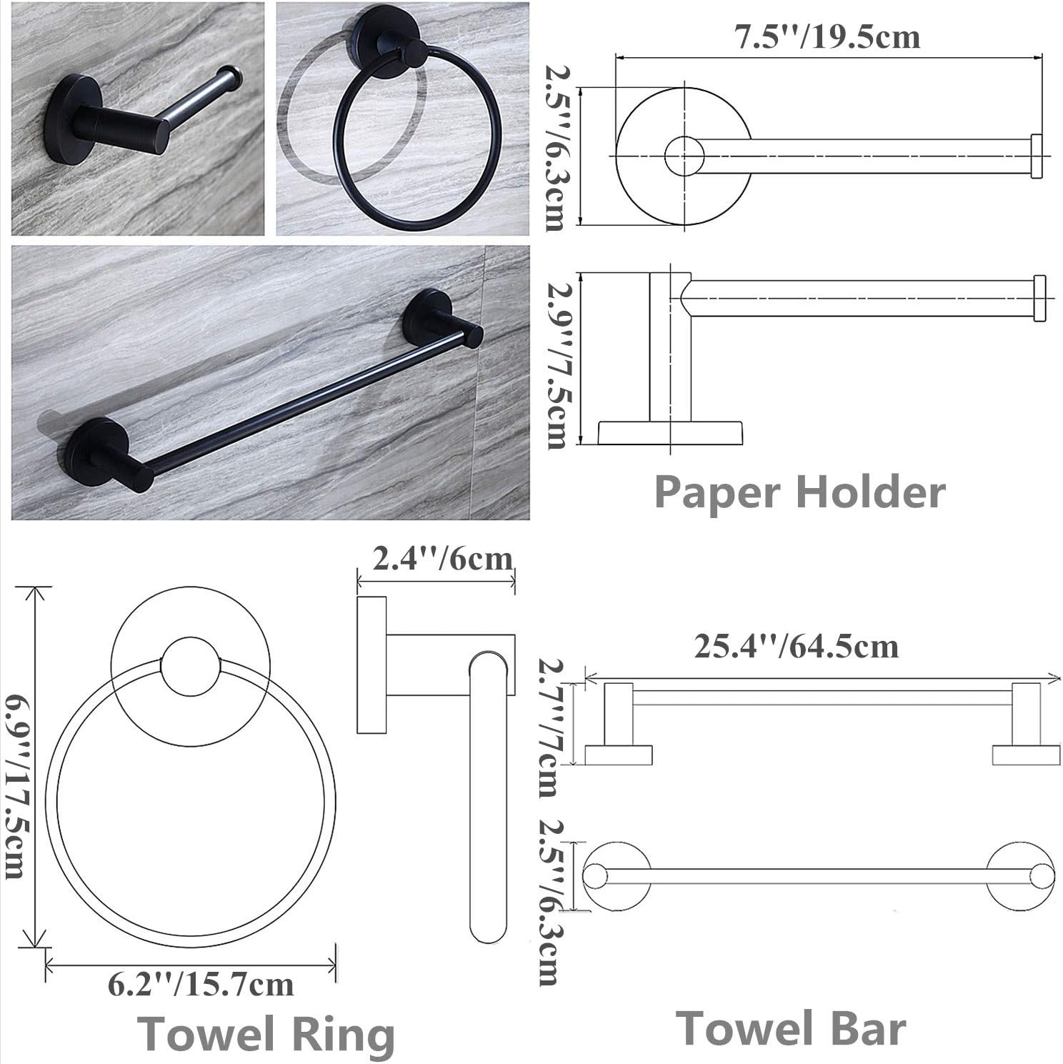 Cavoli 3-Piece Matte Black Bathroom Hardware Accessory Set Wall Mounted,24'' Towel Bar Adjustable Toilet Paper Holder,Towel Ring,Stylish Lavatory Shower Set,Black: Home & Kitchen