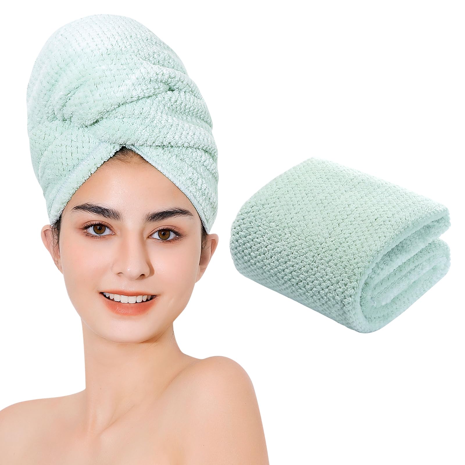 Photo 1 of Laojbaba Microfiber Hair Towel Quick Dry Hair Towel Hair Drying Towels Suitable for All Kinds of Hair Ultra Absorbent Long and Thick Hair 20X40inch Green (1pcs)