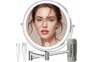 5000mAh Rechargeable Wall-Mounted Lighted Makeup Mirror, 15X HD Magnifying Mirror with 3-Color Dimmable LED Lights, Touch-Sen