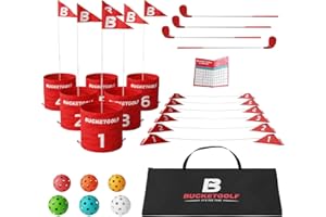 bucketgolf Game 6 Hole Bundle with Clubs - The Best Backyard Golf Game for All Ages and Levels Adults, Kids, Families, Schools, Yards, Parks, Beaches, Vacation. (4 Clubs (3 RH + 1 LH))