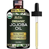 Ella & Eden Organic Jojoba Oil – USDA Certified, Cold-Pressed, 100% Pure & Unrefined, Hexane-Free Oil for Skin, Face, Hair & Nails – 4 Fl Oz Glass Bottle