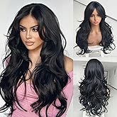 Jadeadyseg Black Wavy Wigs for Women Long Layered Wig with Curtain Bangs Long Black Layered Synthetic Wavy Body Wave Haircut Middle Part Natural Looking Hair for Women Daily Party Use 1B 24Inch