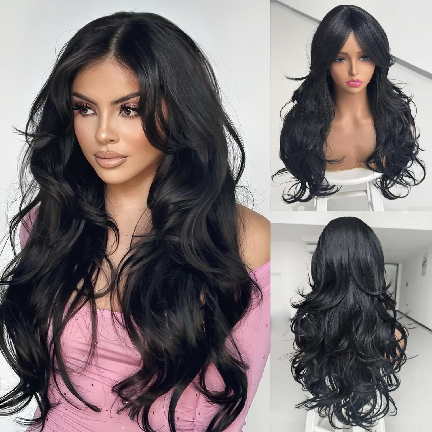 Photo 1 of Jadeadyseg Black Wavy Wigs for Women Long Layered Wig with Curtain Bangs Long Black Layered Synthetic Wavy Body Wave Haircut Middle Part Natural Looking Hair for Women Daily Party Use 1B 24Inch