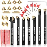 Indexable Lathe Turning Tool 21Pcs Kit 3/8'' 10mm Shank 7Pcs Metal Lathe Tools Holder Set with 14Pcs Turning Inserts for Turn