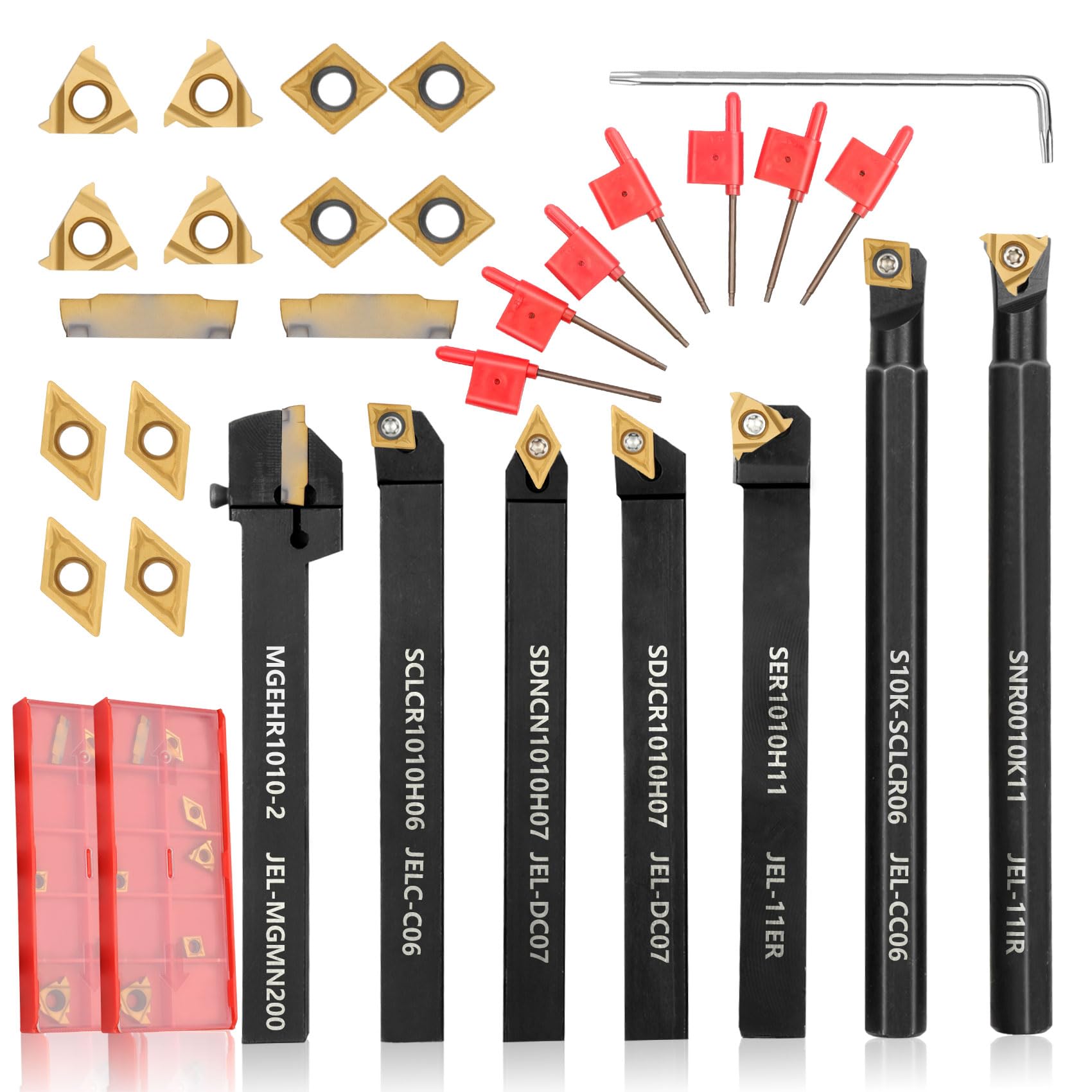 Photo 1 of Indexable Lathe Turning Tool 21Pcs Kit 3/8'' 10mm Shank 7Pcs Metal Lathe Tools Holder Set with 14Pcs Turning Inserts for Turning Grooving Threading Boring Carbide Inserts Carbide Turning Tool