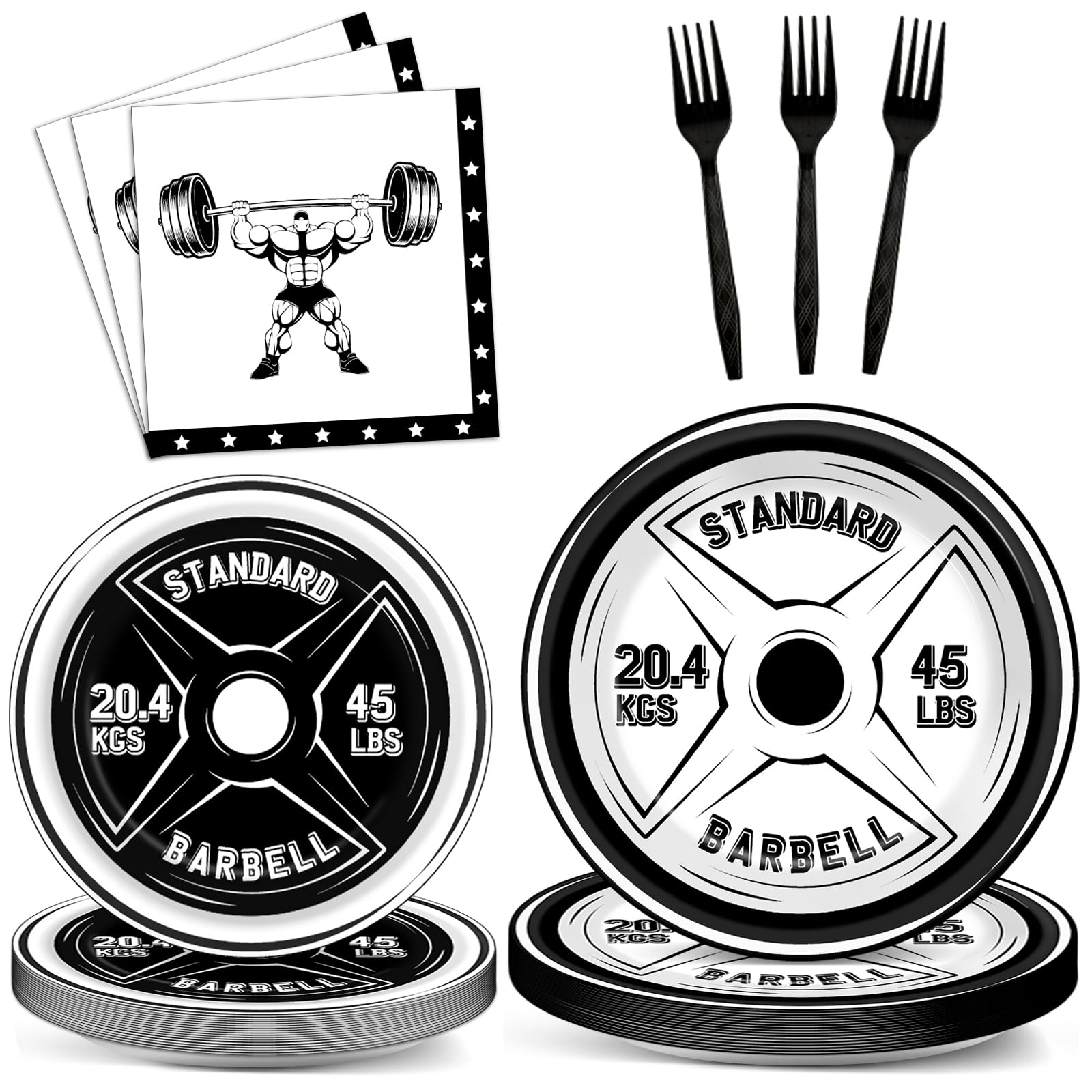 Photo 1 of 96 Pcs Gym Birthday Party Supplies Bodybuilder Theme Paper Plates Weightlifting Party Plates and Napkins Forks Barbell Birthday Party Decorations for Gym Lovers and Weight Lifters Serves 24