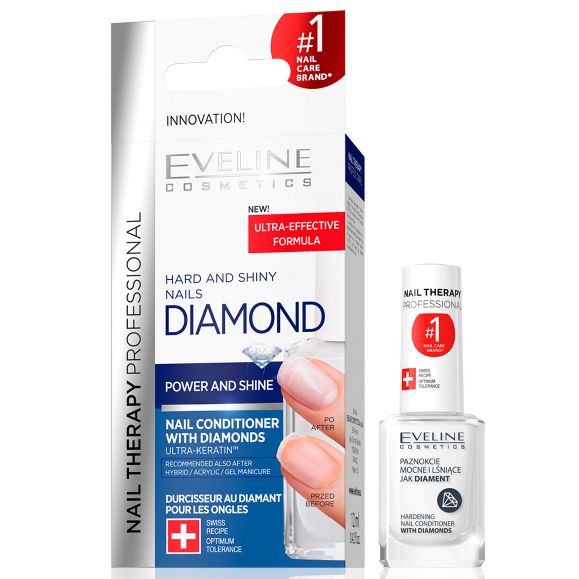 Eveline Cosmetics Professional Diamond Nail Hardener Conditioner with Diamonds, Nail Care Nourishing, Nail Care and Treatment, Fingernails Strengths, Titanium Formula, 12 ml