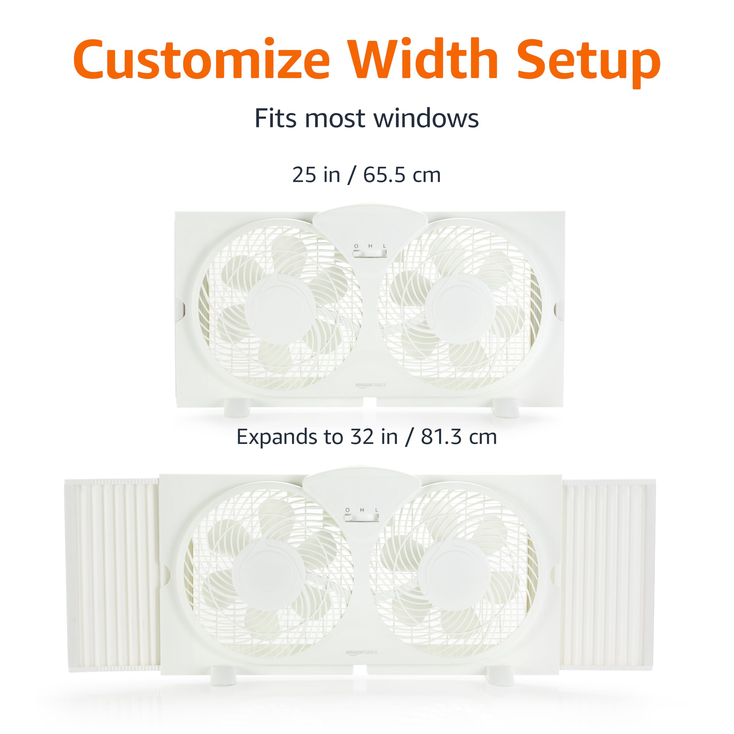 Amazon Basics Window Fans for Home Bedroom, Twin Heads, Cooling Airflow, Exhaust, Expandable Side Panel Basic Control, 2 Speeds, 68W, 9 inch, White