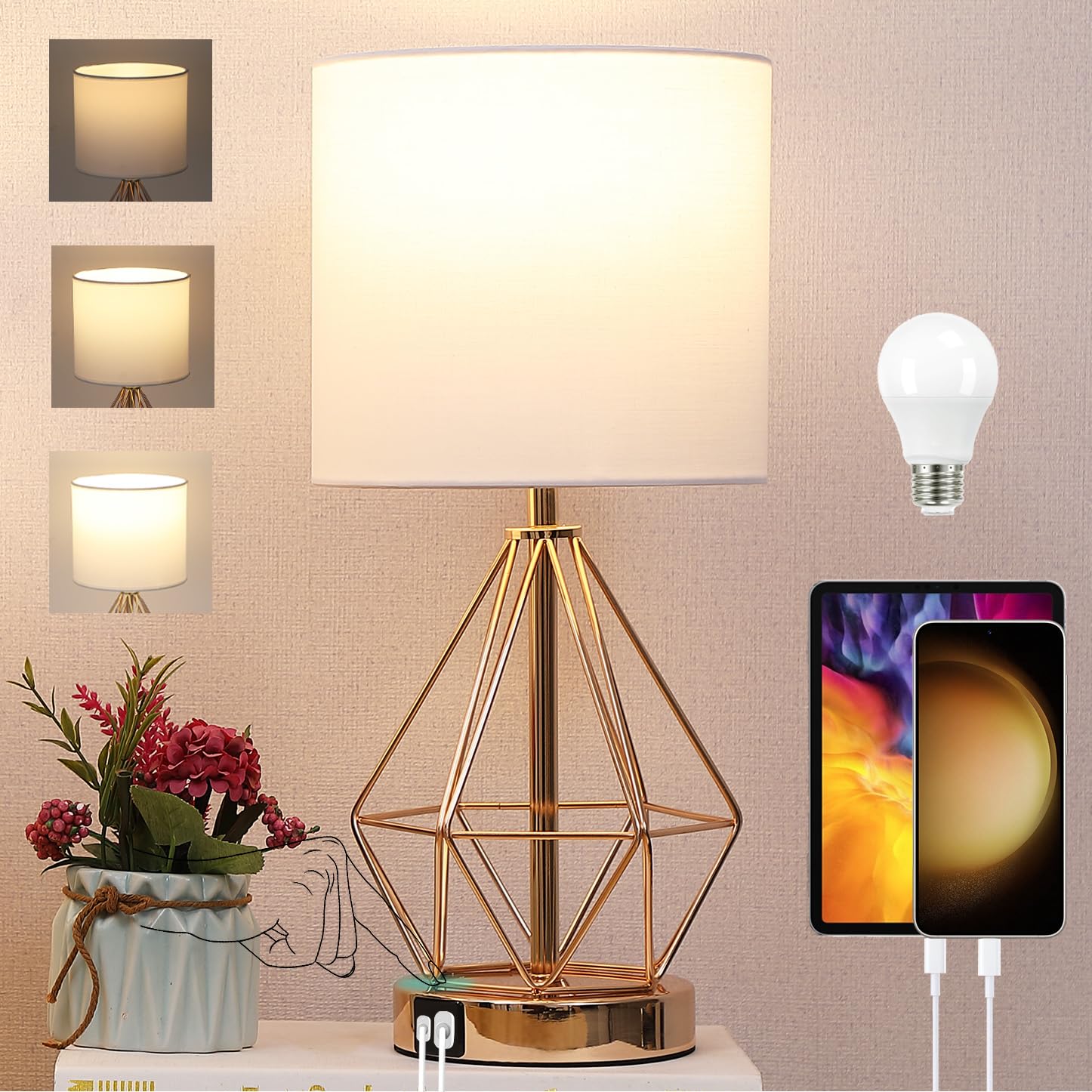 Photo 1 of Table Lamp with USB Port, 3 Way Dimmable Touch Lamps for Nightstand, Modern Small Bedside Lamp with Fabric Shade, Gold Side Table Lamp for Bedroom Living Room, USB A & USB C, LED Bulb Included