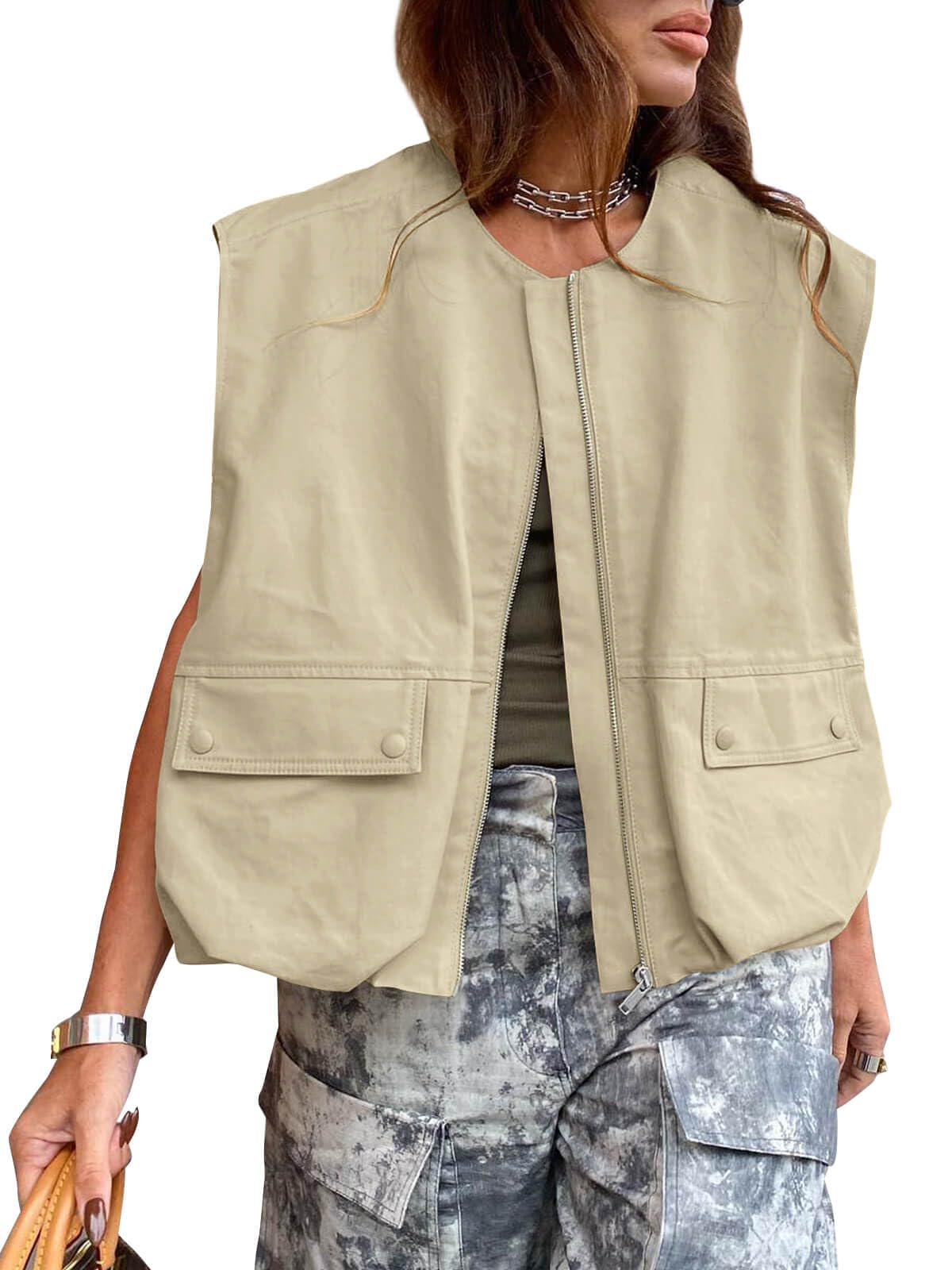 Tankaneo Womens Casual Zip Up Vest Cargo Oversized