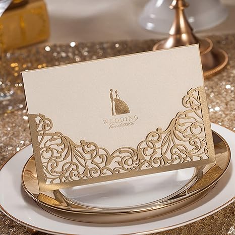 Amazon Com Cjjc Creative Personality Wedding Invitations Handmade Hollow Laser Cut Golden Invites Ideal For Wedding Party Special Events Use Pack Of 50 Home Kitchen